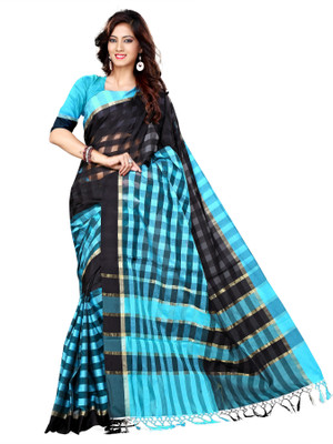 

Asavari Checkered Chanderi Silk Cotton Blend Saree(Black, Blue)