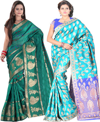

It's Banii Woven Banarasi Handloom Banarasi Silk Saree(Pack of 2, Green, Blue), Blue;light green