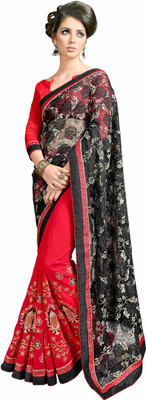 

Khoobee Self Design, Embroidered Fashion Georgette, Net Saree(Black, Red)