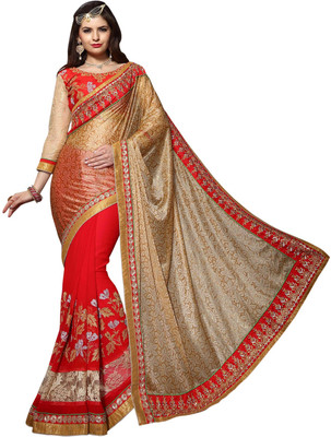 

Khoobee Self Design, Embroidered, Embellished Fashion Georgette Saree(Beige, Red)