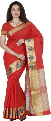 MIMOSA Striped, Embroidered, Embellished Kanjivaram Tussar Silk Saree(Red)