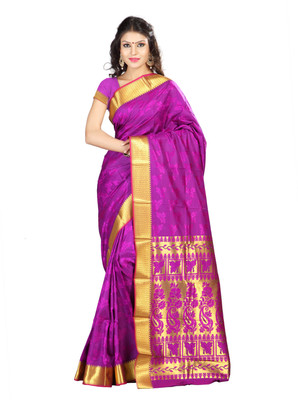

Varkala Silk Sarees Woven Kanjivaram Jacquard Saree(Pink, Purple), Magenta