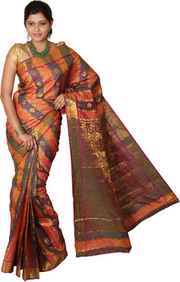 

Mimosa Self Design Kanjivaram Handloom Art Silk Saree(Brown, Orange), Multi-rani