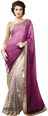 

Desi Butik Embroidered Fashion Georgette Saree(Purple, Beige), Purple and beige