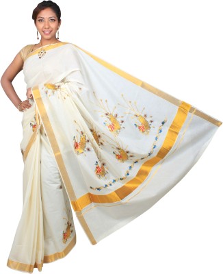 Selvamani Tex Embroidered Bollywood Cotton Blend Saree(White)