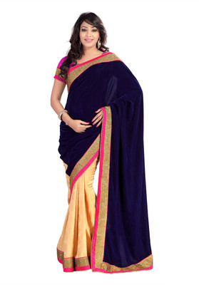 

Suvastram Plain Fashion Velvet Saree(Blue, Beige), Beige;blue