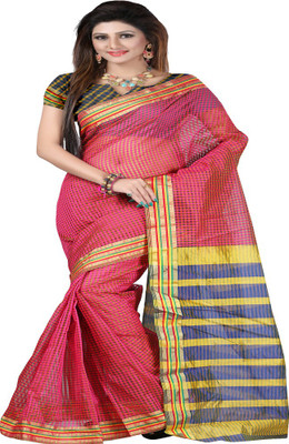 Laxmi Pooja Printed Fashion Cotton Linen Blend Saree(Pink), Blue