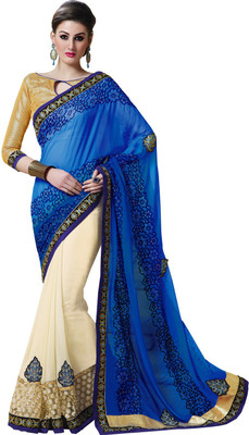 

Parisha Embroidered Daily Wear Georgette Saree(Blue, White), Blue & off white