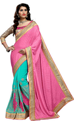 

Khoobee Self Design, Embroidered, Embellished Fashion Georgette, Jacquard Saree(Pink, Beige, Light Blue), Beige;light blue;pink