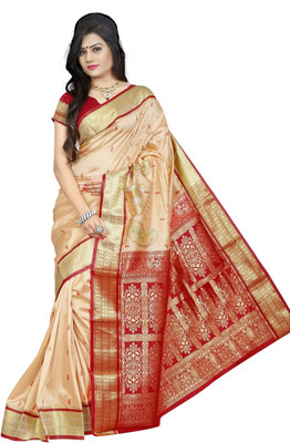 

JagannathSaree Woven Bollywood Silk Saree(Beige, Red)