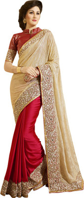 

Saara Embroidered Fashion Lycra, Silk Saree(Beige, Red), Beige and red