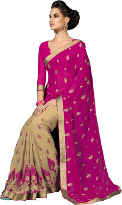 

Manthan Embroidered Daily Wear Chiffon Saree(Beige, Pink), Beige & dark pink