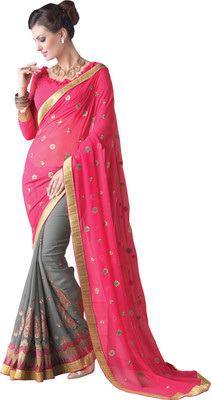 

Parisha Embroidered Fashion Georgette Saree(Pink, Grey), Grey;pink