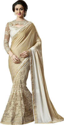 

Lovely Look Embroidered Daily Wear Georgette Saree(White, Beige), Off white & beige