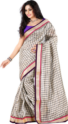 

Kanheyas Checkered Fashion Handloom Khadi, Chanderi Saree(Beige), Beige and purple