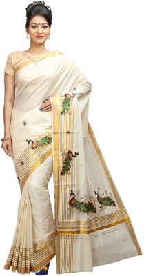 Selvamani Tex Embroidered Mundum Neriyathum Handloom Cotton Blend Saree(White)