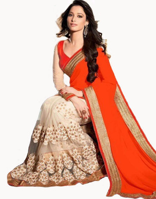 

Asha Fashion Embroidered Fashion Chiffon Saree(Orange), Orange;white