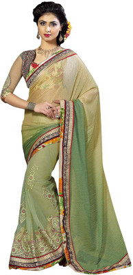 

Saara Floral Print Fashion Net Saree(Green, Beige), Sea green and beige