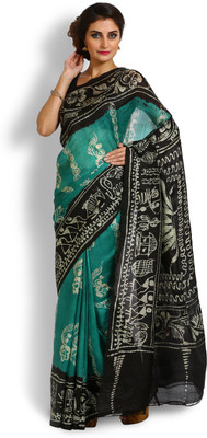 

Kasturi-B Swadeshi Karigari Floral Print Fashion Handloom Pure Silk Saree(Green), Sea green & black
