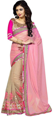 

Saara Floral Print Fashion Lycra Saree(Pink, Beige), Pink and beige