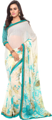 

Manthan Printed Daily Wear Georgette Saree(White, Light Blue), Off white & sky blue