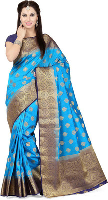 Ishin Woven Fashion Tussar Silk Saree(Blue), Blue & golden