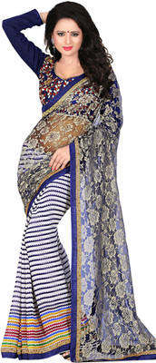

Jiya Self Design, Embroidered Fashion Georgette, Jacquard Saree(White, Blue, Beige), Beige;blue;white
