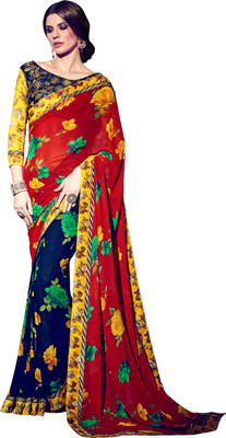

Khoobee Self Design, Printed Fashion Georgette Saree(Red, Blue), Blue;red