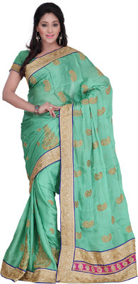 Desi Butik Embroidered Fashion Satin Saree(Green)