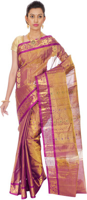 

Mahaveersilkcreations Woven Kanjivaram Handloom Pure Silk Saree(Magenta), Magenta purple