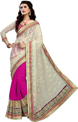 

Khoobee Self Design, Embroidered, Embellished Fashion Georgette, Net Saree(Beige, Pink