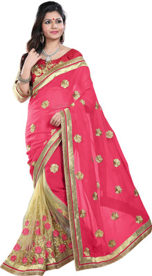 

Khoobee Self Design, Embroidered, Embellished Fashion Net, Georgette Saree(Beige, Pink, Red)