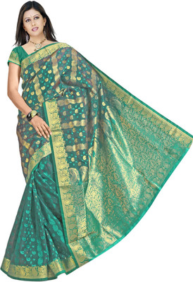 

JagannathSaree Self Design Bollywood Silk Saree(Green, Gold), Gold;green