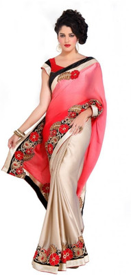 

Chirag Sarees Solid Bollywood Crepe Saree(Multicolor), Beige;pink