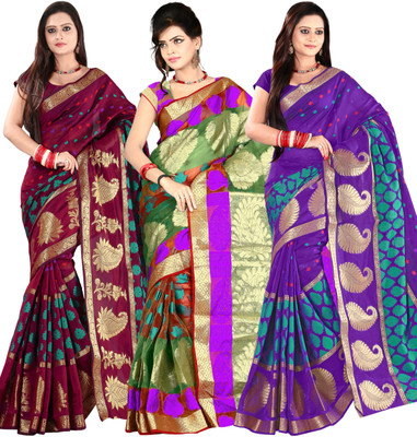 

It's Banii Woven Banarasi Handloom Banarasi Silk Saree(Pack of 3, Maroon, Green, Purple), Green;maroon;purple