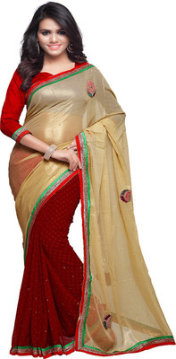 

Sourbh Sarees Self Design Fashion Shimmer Fabric, Chiffon, Georgette Saree(Beige, Red)