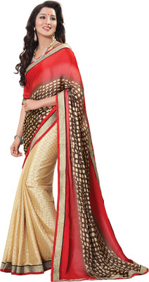 Jiya Self Design, Printed Fashion Chiffon Saree(Red, Multicolor, Gold), Golden;multicolor;red