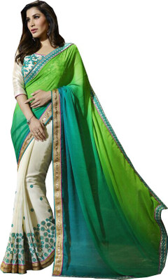 

Shoppershopee Embroidered Bollywood Georgette Saree(Green, White), Green;blue and white