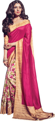 

Saara Floral Print, Paisley, Printed, Plain, Solid Bhagalpuri Silk Saree(Pink, Beige), Pink and beige