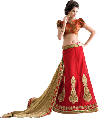 

Jiya Self Design, Embroidered Fashion Net Saree(Beige, Red)