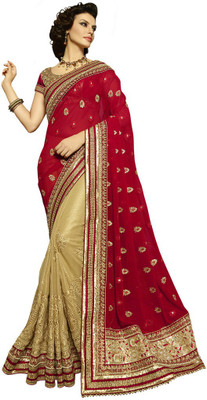 Viva N Diva Embroidered Fashion Net, Georgette Saree(Beige, Red)