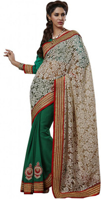

Desi Butik Self Design Fashion Chiffon Saree(Multicolor), Beige;green