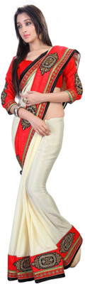 

Jiya Self Design, Embroidered Fashion Satin, Chiffon Saree(Beige, Red)