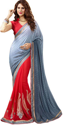 

Parisha Embroidered Fashion Georgette, Jacquard Saree(Grey, Red)