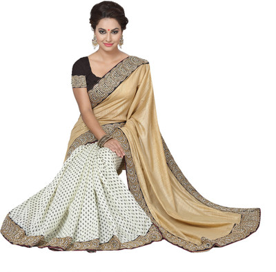 

Ishin Embellished Fashion Modal Saree(White), Beige;white