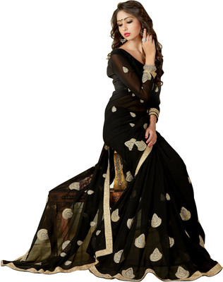 

Khushali Self Design, Embroidered Fashion Georgette Saree(Black)