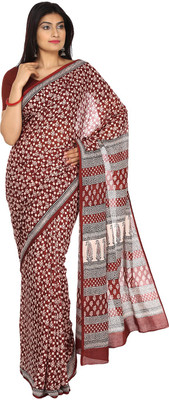 Kalakari India Printed Bollywood Handloom Cotton Blend Saree(White, Maroon, Black)