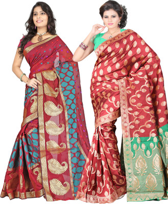 

It's Banii Woven Banarasi Handloom Banarasi Silk Saree(Pack of 2, Maroon, Red)