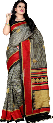 

Urban Vastra Floral Print, Checkered Bhagalpuri Art Silk Saree(Grey), Grey;beige & black