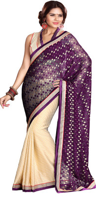 

Sourbh Sarees Polka Print Fashion Jacquard, Crepe Saree(Purple, Beige), Cream;wine